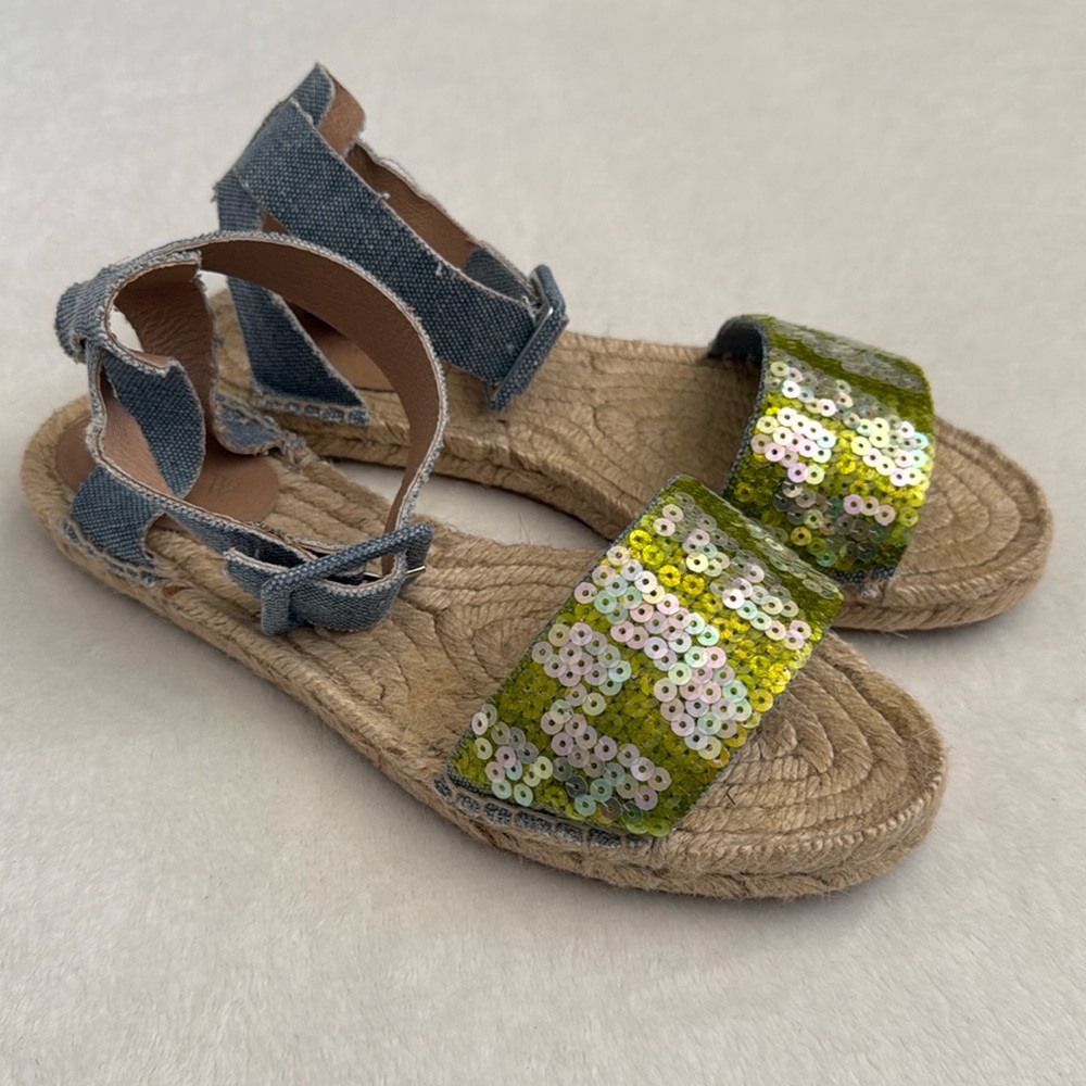 J. Crew | Sequin Ankle Strap Espadrilles Green/Blue Chambray (8)
